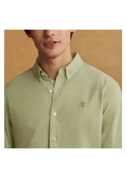 Giordano Men's Cotton Oxford Shirt - Small Lion Embroidery, Slim Fit, Full Button