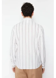  Collection Beige Slim Fit Buttoned Collar Thin Striped Shirt