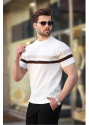 Madmext تي شيرت أبيض مخطط برقبة دائرية للرجال E7412