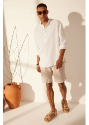  Collection Premium White 100% Linen - Prevailing Neckline Half Placket Shirt Tmnss24Go00057