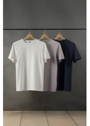  Collection Stone-Ecru-Anthracite Slim/Narrow Cut Crew Neck Basic 100% Cotton 3 Pack T-Shirts Tmnss19Bo0007