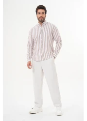 Catto Peak قميص قطني مخطط ومطرز بقصة عادية للرجال