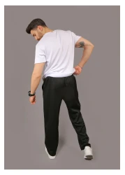 INFLUYENTE Men's Black Baggy Cut Pique Fabric Waist Elastic Pocket Detailed Trousers Sweatpants