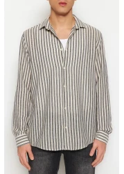  Collection قميص ذو مظهر كتان مخطط بقصة عادية باللون الأزرق الداكن TMNSS23GO00062