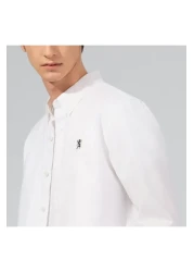Giordano Men's Cotton Oxford Shirt - Small Lion Embroidery, Slim Fit, Full Button