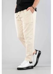 bombe Men's Jogger Linen Pants Elastic Waist Drawstring Cotton Casual Boyfriend Pants Beige
