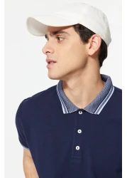  Collection Navy Blue Slim/Narrow Cut 100% Cotton Polo Neck T-Shirt Tmnss22Po00014