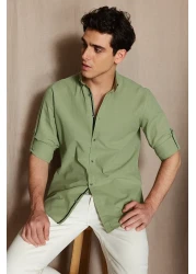  Collection قميص أخضر بقصة ضيقة مع كتاف - كم طويل، 100% قطن، TMNSS20GO0189