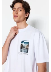  Collection White Oversize/Wide Cut Short Sleeve Landscape Printed 100% Cotton T-Shirt Tmnss23Ts00242