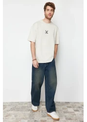  Collection Oversize Stone Color Deer Embroidered Cotton T-Shirt - TMNSS24TS00055