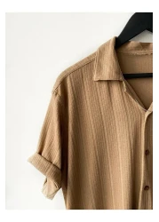 HAWKKİNG قميص رجالي صيفي قطني منقوش باللون البيج بأكمام قصيرة