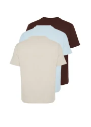  Collection طقم تي شيرت بني داكن-أحجار-أزرق فاتح 3 قطع بقصة ضيقة ورقبة دائرية 100% قطن - TMNSS19BO0007
