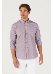 AC&Co / Altınyıldız Classics قميص رجالي مخطط بقصة ضيقة باللون الأزرق الداكن والأحمر وياقة بأزرار وياقة بأزرار وشعار قطن وجيب