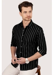 Etikmen قميص رجالي Slimfit مخطط بالأبيض والأسود