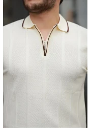 Miron Ecru Honeycomb Textured Zippered Polo Neck Knitwear Short Sleeve T-Shirt 2511