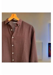 Hazhers قميص رجالي كبير الحجم بياقة وأكمام طويلة من الكتان قميص صيفي