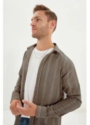  Collection Beige Slim Fit Button Collar Thin Striped Shirt Tmnss20Go0092