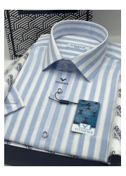 Fitmens قميص رجالي كلاسيكي بأكمام قصيرة ومخطط في صندوق هدايا FS-004126 - أزرق فاتح
