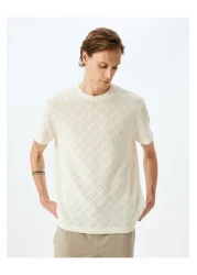 Koton Crew Neck Short Sleeve Openwork Regular Fit Cotton Blend Textured T-Shirt