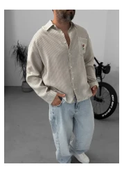 BYBASICMAN Beige Striped Pocket Embroidered Shirt G-5612/1