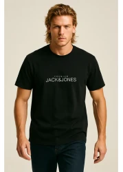 Jack & Jones تي شيرت رجالي مطبوع عليه شعار برقبة دائرية باللون الأسود
