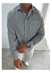 King Brothers قميص رجالي قطني مخطط باللون الأسود - جيب، كم طويل، مقاس فضفاض