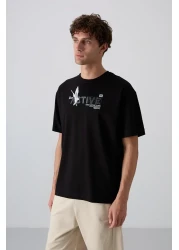 Tommy Life تي شيرت رجالي من القطن الأسود السميك الناعم المطبوع مقاس كبير - 88344