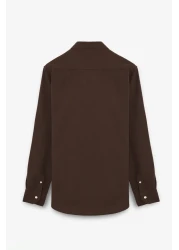 GRIMELANGE Perttu Men's 100% Cotton Slim Fit Slim Fit Buttoned Collar Linen Look Flared Bitter Brown Shirt