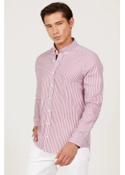 AC&Co / Altınyıldız Classics Men's White-burgundy Slim Fit Slim Fit Button Collar Cotton Striped Shirt