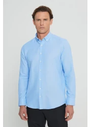 AC&Co / Altınyıldız Classics قميص أكسفورد أزرق بقصة ضيقة للرجال - سهل الكي، ياقة بأزرار، قطن