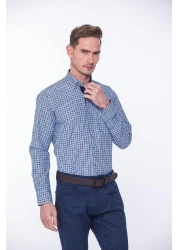 Fitmens قميص رجالي كلاسيكي بأكمام طويلة من King Check مع صندوق هدايا Fs- 001258 - ساكس بلو