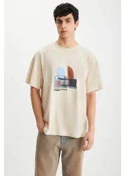 GRIMELANGE تي شيرت Lexoro رجالي مصنوع من القطن بنسبة 100% برقبة دائرية ومطبوع باللون البيج