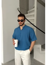 Livio Ferri قميص Soro رجالي كبير الحجم ذو مظهر كتان وأكمام قصيرة وياقة نصف فتحة