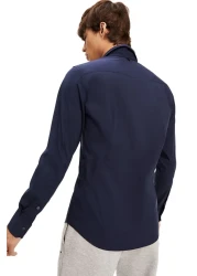 Tommy Hilfiger Men's Brand Logo Stretch Cotton Half-Lined Collar Stylish Looking Dark Blue Shirt Suitable for Daily Use