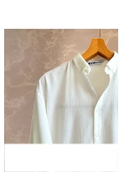 Hazhers قميص كتان كبير الحجم للرجال - كم طويل، ياقة القميص