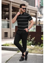 Miron تي شيرت تريكو مخطط باللون الأسود بياقة بولو - 2427