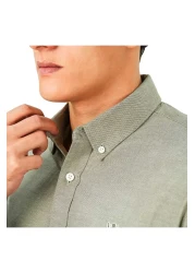 Giordano Men's Cotton Oxford Shirt - Small Lion Embroidery, Slim Fit, Full Button