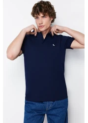  Collection Navy Blue Regular/Normal Cut 100% Cotton Embroidered Polo Neck T-Shirt Tmnss23Po00031