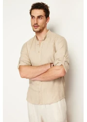  Collection قميص ذو مظهر كتان مريح ذو طية صدر السترة بقصة ضيقة TMNSS24GO00031