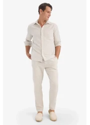 Defacto 100% Cotton Linen Look Trousers Elastic Waist Slim Fit Slim Fit Pocket Straight Leg D2671Ax25Sm