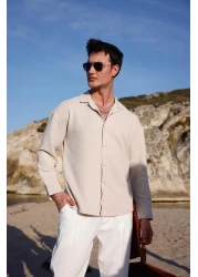 Pobudo Men's Beige Color Knitted Ottoman Fabric Long Sleeve Shirt