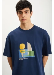 GRIMELANGE تي شيرت RAMADANP007 رجالي 100% قطن برقبة دائرية مطبوع باللون الأزرق الداكن