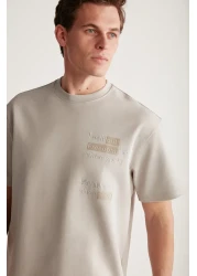 GRIMELANGE كودي للرجال - تي شيرت رمادي من القطن العضوي، مطرز ومطبوع، نسيج سميك مناسب بشكل منتظم