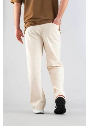 bombe Men's Beige Comfortable Fit Bagy Trousers Linen Belted Drawstring Soft Fabric Blend Trousers
