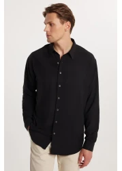 Tudors Oversize Seasonal Linen Textured Loose Fit Long Sleeve Comfortable Men's Black Shirt