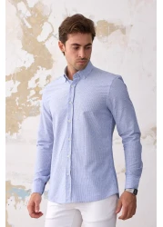 RAVANELLI Giza Men's Striped Slim Fit Shirt - Blue-White, Linen Look Cotton, Buttoned Collar