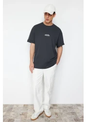  Collection Anthracite Fluffy Text Printed Oversize Cotton T-Shirt - TMNSS24TS00160