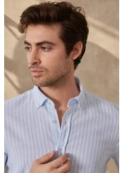 RAVANELLI Men's Striped Cotton Linen Modern Slim Fit Shirt