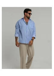 King Brothers قميص Old Money للرجال - قميص قطني كبير الحجم مخطط باللون الأزرق، جيب، كم طويل