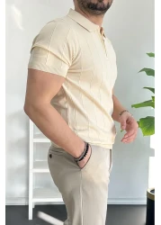 Edwox Men's Half Zip Polo Neck T-Shirt Cream Edw257